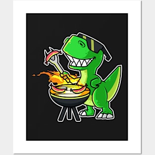 Cool Dinosaur Tyrannosaurus Cooking Sausages Barbecue BBQ graphic Posters and Art